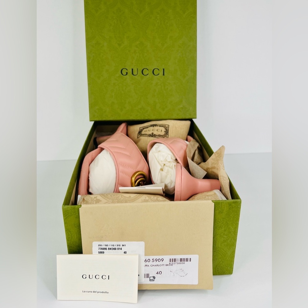 Gucci Marmont Double G Chevron GG Logo Pink Thong Mule Kitten Sandals Size EU 40 - Picture 2 of 11
